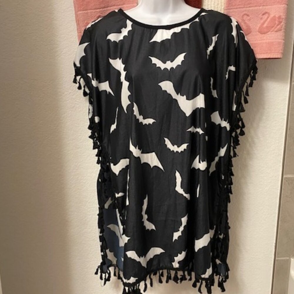Halloween BLACK w WHITE BATS Silky TUNIC TOP or SWIM COVER-UP slvs ~ S / M